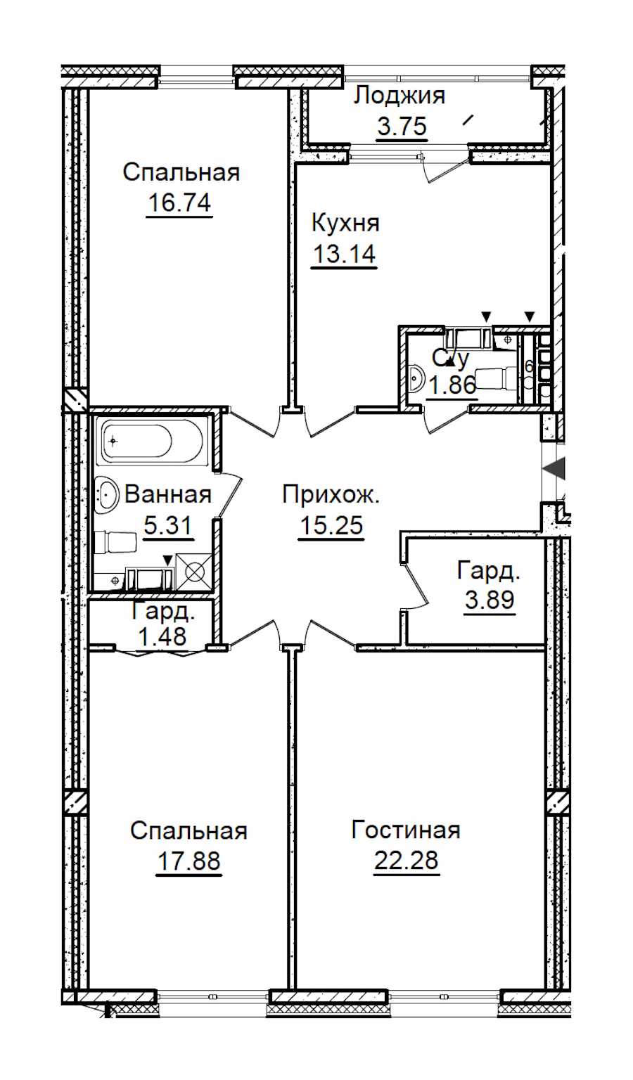 Трехкомнатная квартира в ПСК: площадь 99.71 м2 , этаж: 6 – купить в Санкт-Петербурге